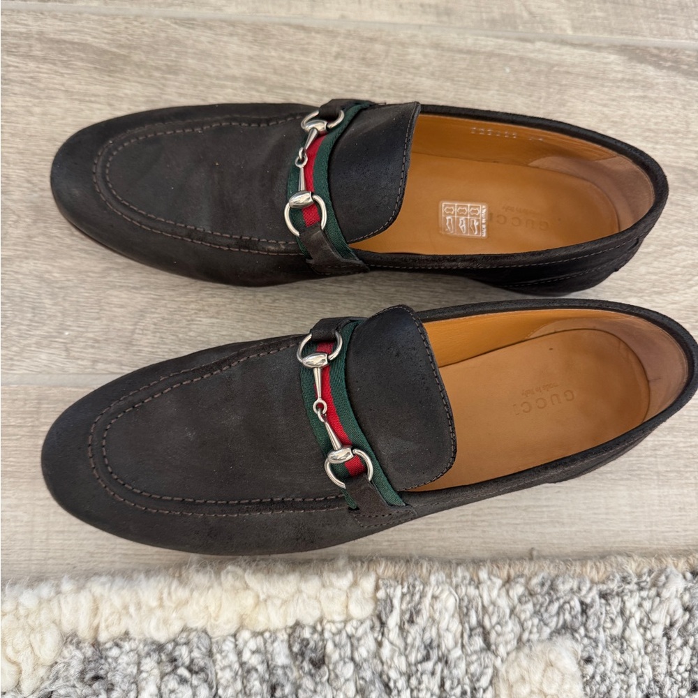 Gucci Black Slip-On Loafers with Ribbon and Rounded Toe and Silver HorseBit